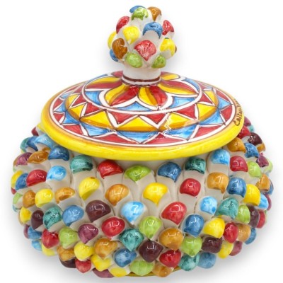 Pot à biscuits ou boîte à bijoux en pomme de pin sicilienne en céramique de Caltagirone, Ø 18 / 20 et h environ 18 cm. M