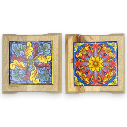 Reposa ollas de madera con baldosas de cerámica - L 14 x 14 cm aprox. (1pc) dos opciones de decoración - 