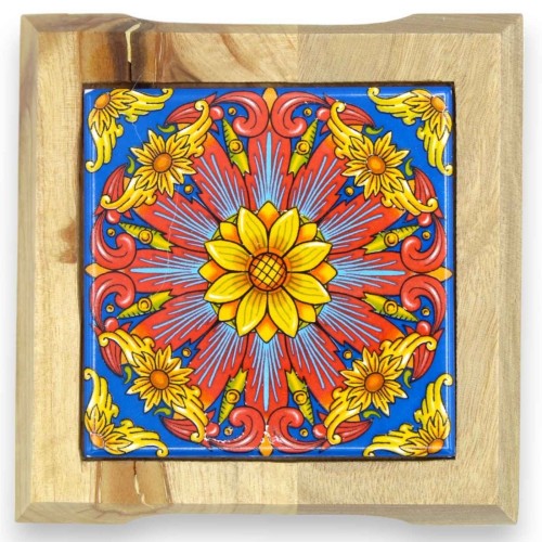 Wooden Pot Rest with Ceramic Tile - L 14 x 14 cm approx. (1pc) two decoration options -  2