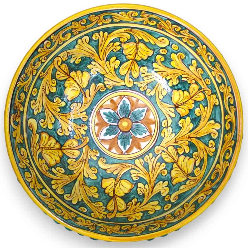 Centre de table en forme de pomme de pin en céramique Caltagirone, Ø env. vert-de-gris, décor baroque, palmette et fleur