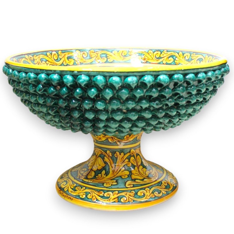 Centre de table en forme de pomme de pin en céramique Caltagirone, Ø env. vert-de-gris, décor baroque, palmette et fleur
