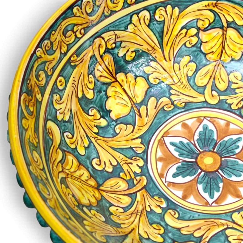 Centre de table en forme de pomme de pin en céramique Caltagirone, Ø env. vert-de-gris, décor baroque, palmette et fleur