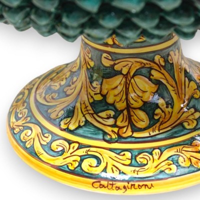 Caltagirone ceramic pine cone stand centerpiece, Ø approx. 47 cm. verdigris, baroque decoration, palmette and flower - 