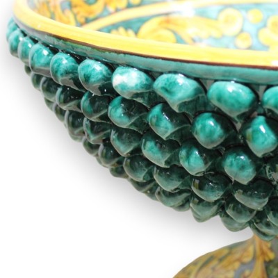 Centre de table en forme de pomme de pin en céramique Caltagirone, Ø env. vert-de-gris, décor baroque, palmette et fleur