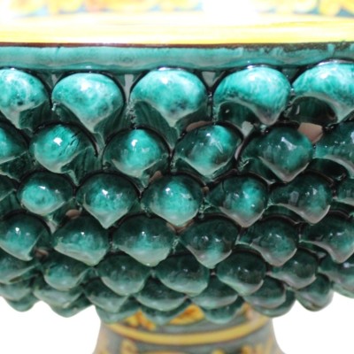 Centre de table en forme de pomme de pin en céramique Caltagirone, Ø env. vert-de-gris, décor baroque, palmette et fleur