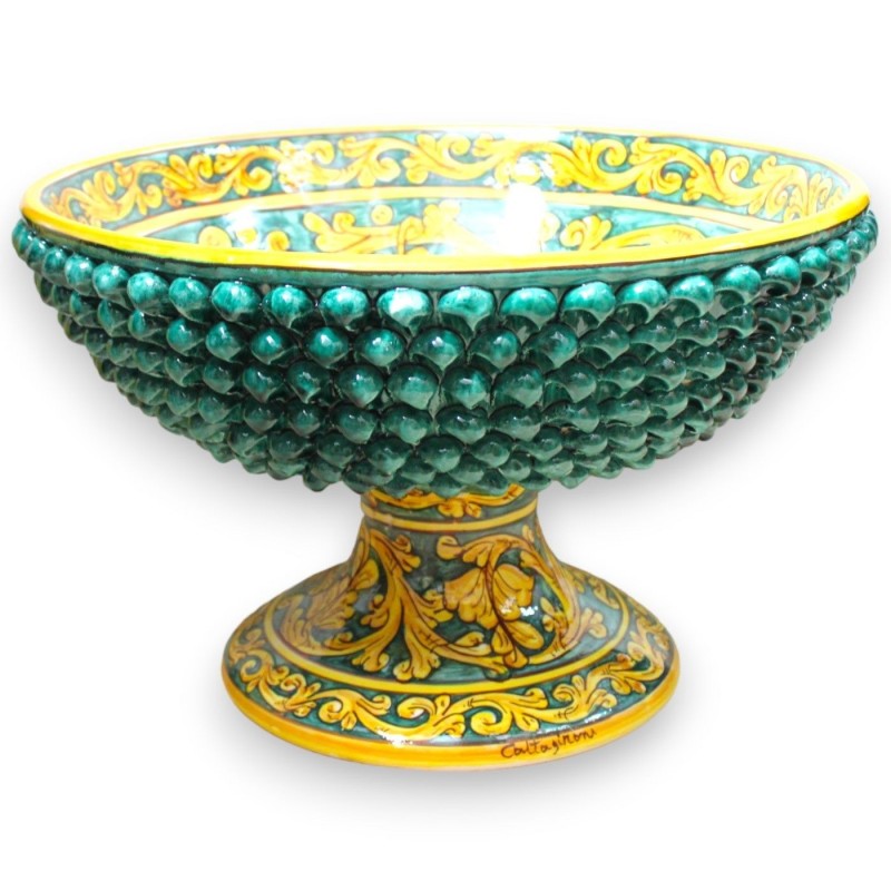 Centro de mesa con soporte de piñas de cerámica Caltagirone, Ø aprox. Cardenillo, decoración barroca, palmeta y flor. - 