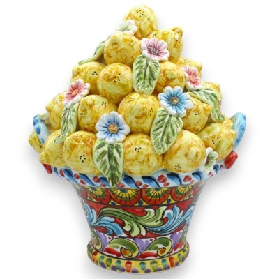 Cestino Centrotavola in ceramica Caltagirone, 2 opzioni misura, Multidecoro con applicazioni limoni - 