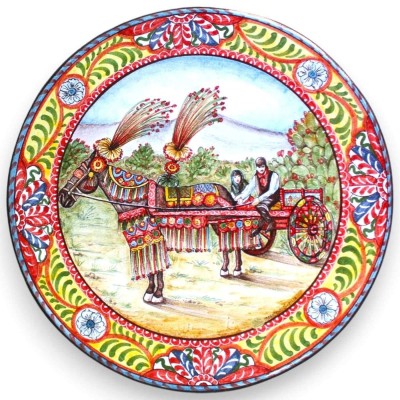 Runder Tisch aus Ätna-Lavastein Ø 60 cm, schmiedeeiserner Sockel, sizilianische Karrendekoration in sizilianischer Lands