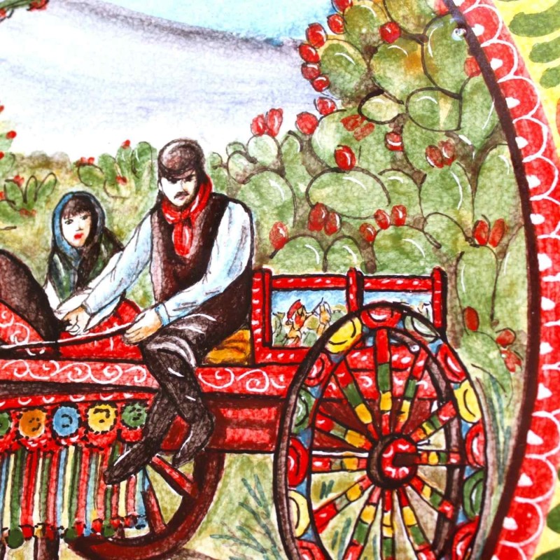 Okrągły stół z kamienia lawowego Etna Ø 60 cm, cokół z kutego żelaza, dekoracja sycylijskiego wózka w sycylijskim krajob