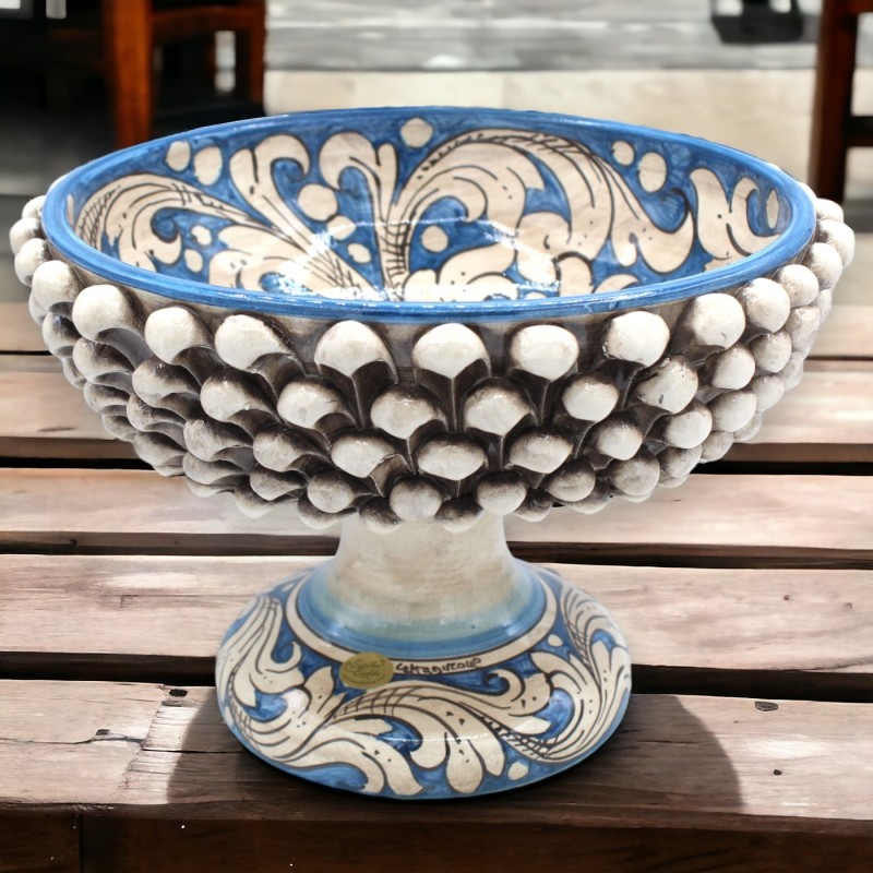 Soporte para tartas Pigna de cerámica Caltagirone - Ø aprox. Decoración barroca blanca antigua en blanco y azul. - 