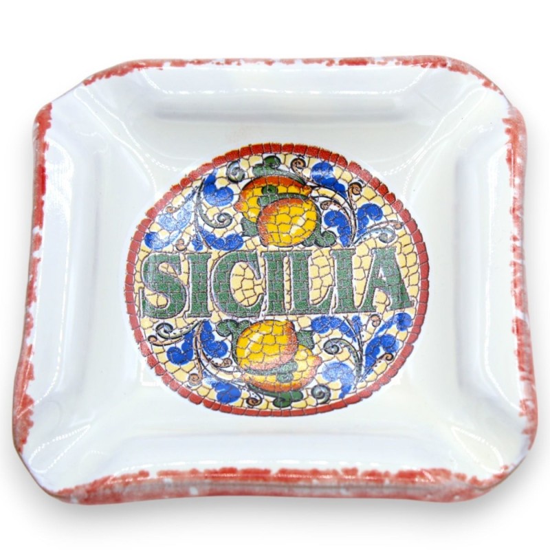 Posacenere in ceramica, con decoro "Sicilia" e maioliche casuali, L 10 cm ca. (1Unità) - 