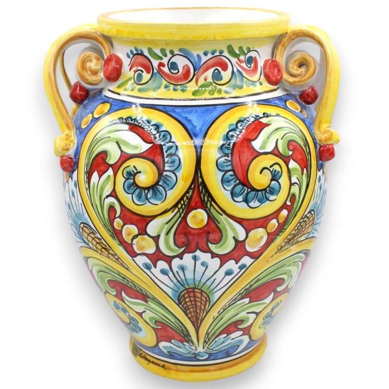 Ronde vaas met vier handvatten, Caltagirone keramiek, ca. h 36 x l 27 cm. veelkleurige barokke decoratie - 