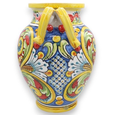 Ronde vaas met vier handvatten, Caltagirone keramiek, ca. h 36 x l 27 cm. veelkleurige barokke decoratie - 