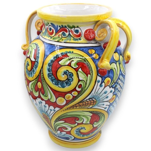 Runde Vase mit vier Griffen, Caltagirone-Keramik, ca. H 36 x L 27 cm. mehrfarbige Barockdekoration - 