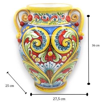 Ronde vaas met vier handvatten, Caltagirone keramiek, ca. h 36 x l 27 cm. veelkleurige barokke decoratie - 