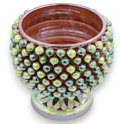 Caltagirone Halve Pigna Vaas Ø ca. 22 cm veelkleurig groen, parelmoer emaille, steel met geometrische versiering - 