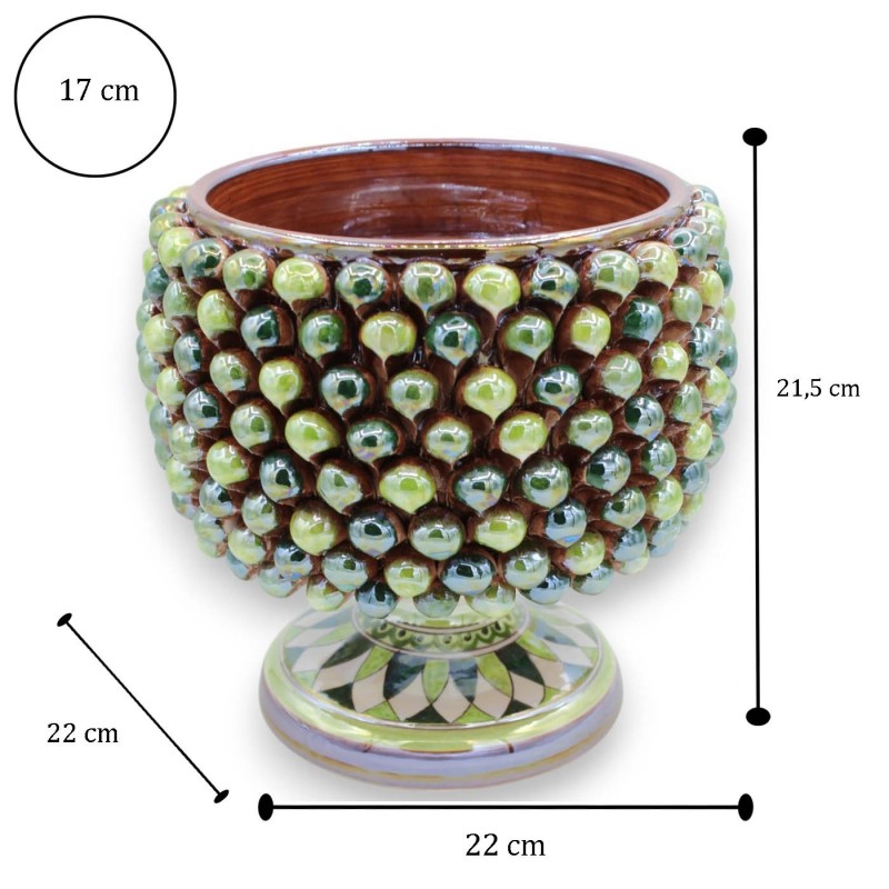 Caltagirone Halve Pigna Vaas Ø ca. 22 cm veelkleurig groen, parelmoer emaille, steel met geometrische versiering - 