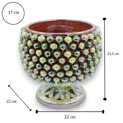 Caltagirone Halv Pigna Vas Ø ca 22 cm mångfärgad grön, pärlemor emalj, stjälk med geometrisk dekor - 