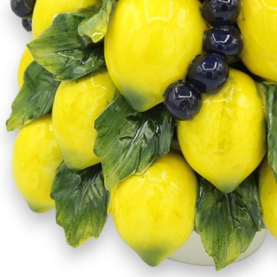 Pyramid of Lemons and Grapes stand in fine ceramic, h 30 and W 20 cm approx. with grape and lemon leaves - 