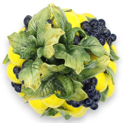 Pyramid of Lemons and Grapes stand in fine ceramic, h 30 and W 20 cm approx. with grape and lemon leaves - 