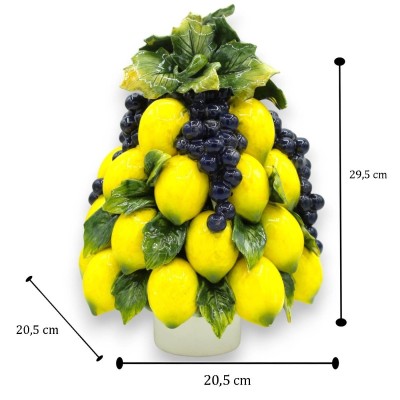 Pyramid of Lemons and Grapes stand in fine ceramic, h 30 and W 20 cm approx. with grape and lemon leaves - 