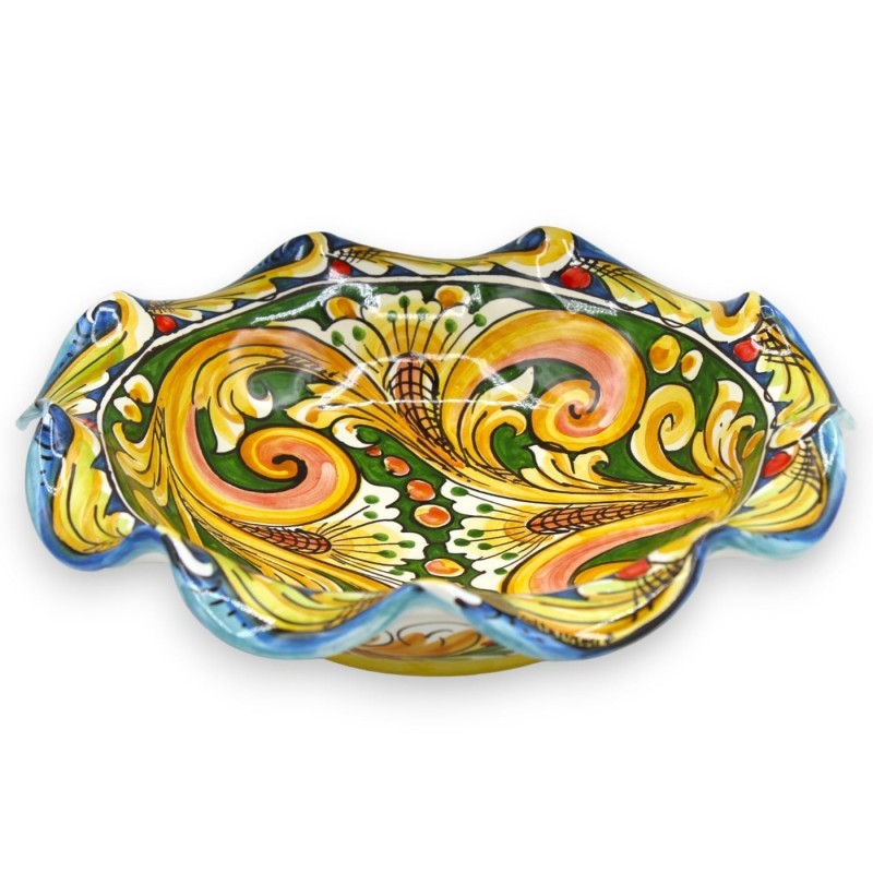 Gewellter Tafelaufsatz aus Caltagirone-Keramik in zwei Größen (1 Stück), mehrfarbige Barockdekoration, grüner Hintergrun