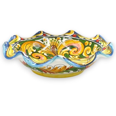 Gewellter Tafelaufsatz aus Caltagirone-Keramik in zwei Größen (1 Stück), mehrfarbige Barockdekoration, grüner Hintergrun