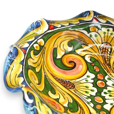 Gewellter Tafelaufsatz aus Caltagirone-Keramik in zwei Größen (1 Stück), mehrfarbige Barockdekoration, grüner Hintergrun