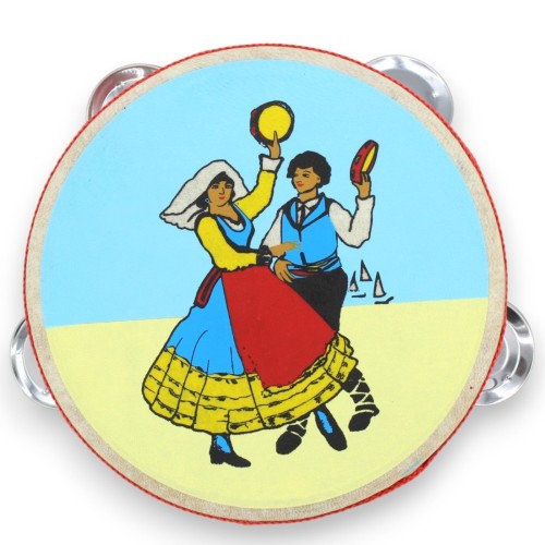 Pandereta siciliana con sonajeros, Ø aprox. 15 cm. hecho de madera y cuero real - 