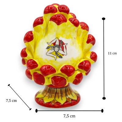 Pomme de pin en céramique sicilienne Caltagirone, modèle Trinacria h 10 / 11 cm environ. tige décoration feuilles - 