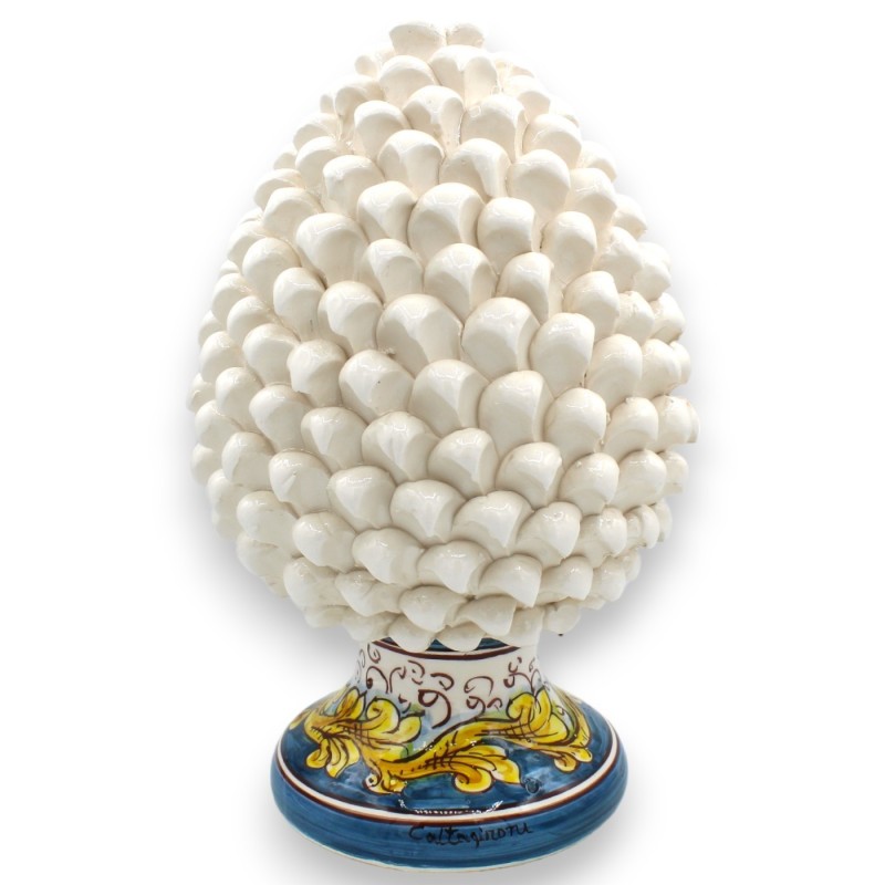 Pigna Siciliana Ceramica Caltagirone, opzione h 25 cm o h 30 cm ca. (1Unità) Bianco, gambo decoro barocco su fondo blu -