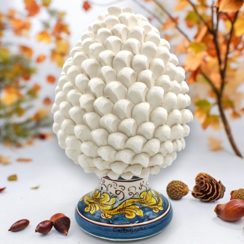 Pigna Siciliana Ceramica Caltagirone, opzione h 25 cm o h 30 cm ca. (1Unità) Bianco, gambo decoro barocco su fondo blu -