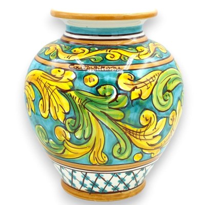 Caltagirone ceramic flower vase, h 20 x Ø 17 cm approx. Baroque decoration on a green background - 