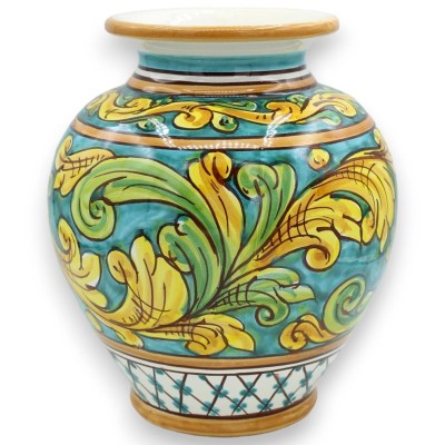 Caltagirone ceramic flower vase, h 20 x Ø 17 cm approx. Baroque decoration on a green background - 