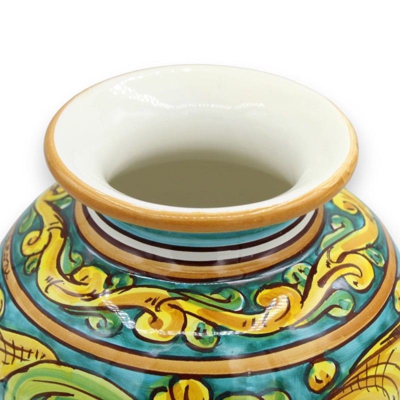 Caltagirone ceramic flower vase, h 20 x Ø 17 cm approx. Baroque decoration on a green background - 