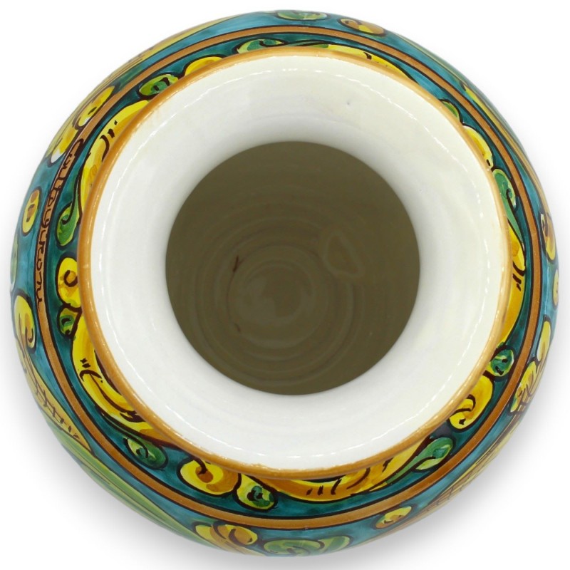 Caltagirone keramische bloemenvaas, h 20 x Ø 17 cm ca. Barokke decoratie op een groene achtergrond - 