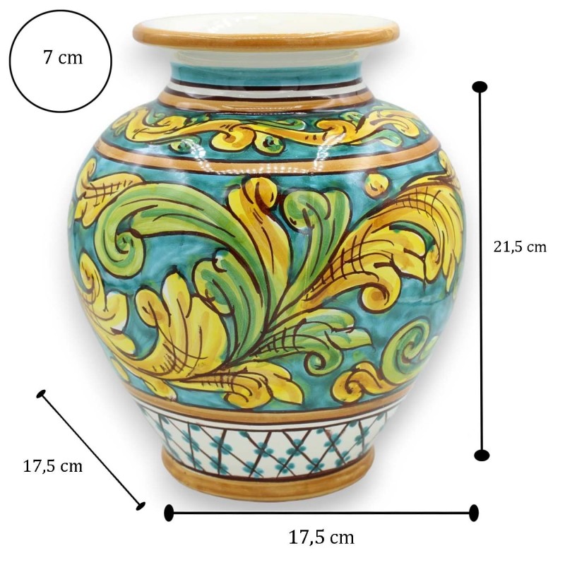 Caltagirone keramische bloemenvaas, h 20 x Ø 17 cm ca. Barokke decoratie op een groene achtergrond - 