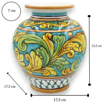 Caltagirone keramische bloemenvaas, h 20 x Ø 17 cm ca. Barokke decoratie op een groene achtergrond - 