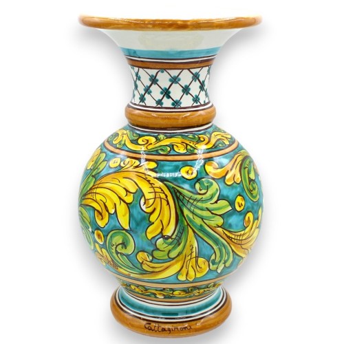 Vaso de pescoço longo em cerâmica Caltagirone, h 30 x Ø 18 cm aprox. Decoração barroca sobre fundo verde - 
