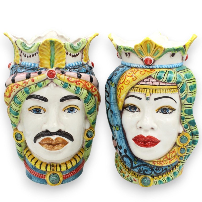 Sicilian Moor heads Crown and Turban (pair) h approx. 25 cm Caltagirone MD3 ceramic - 
