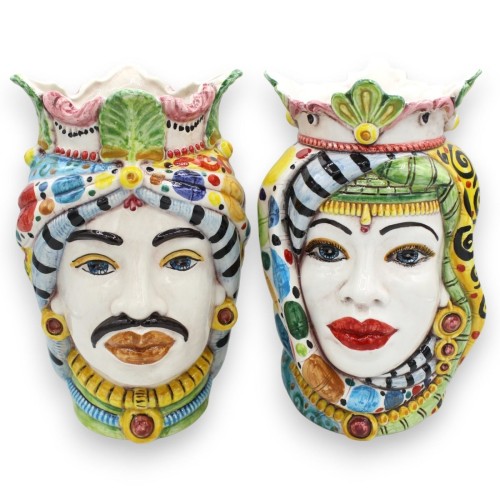 Têtes de maures siciliennes Couronne et Turban (paire) h env. Caltagirone MD4 céramique - 