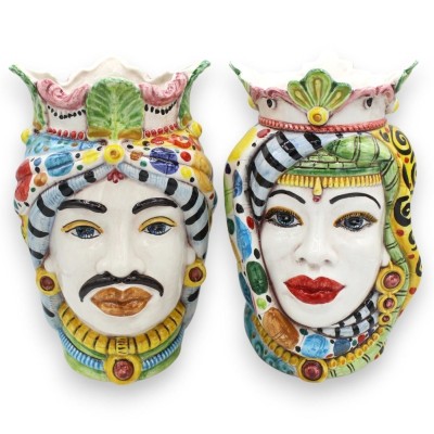 Sizilianische Moorköpfe Krone und Turban (Paar) H ca. 25 cm Caltagirone MD4 Keramik - 