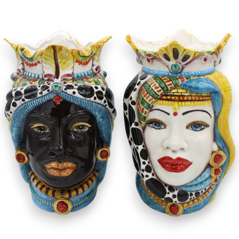 Sicilian Moor heads Crown and Turban (pair) h approx. 25 cm Caltagirone MD2 ceramic - 
