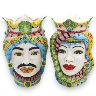Teste di moro Siciliane Corona e Turbante (coppia) h 25 cm ca. ceramica Caltagirone MD9 - 