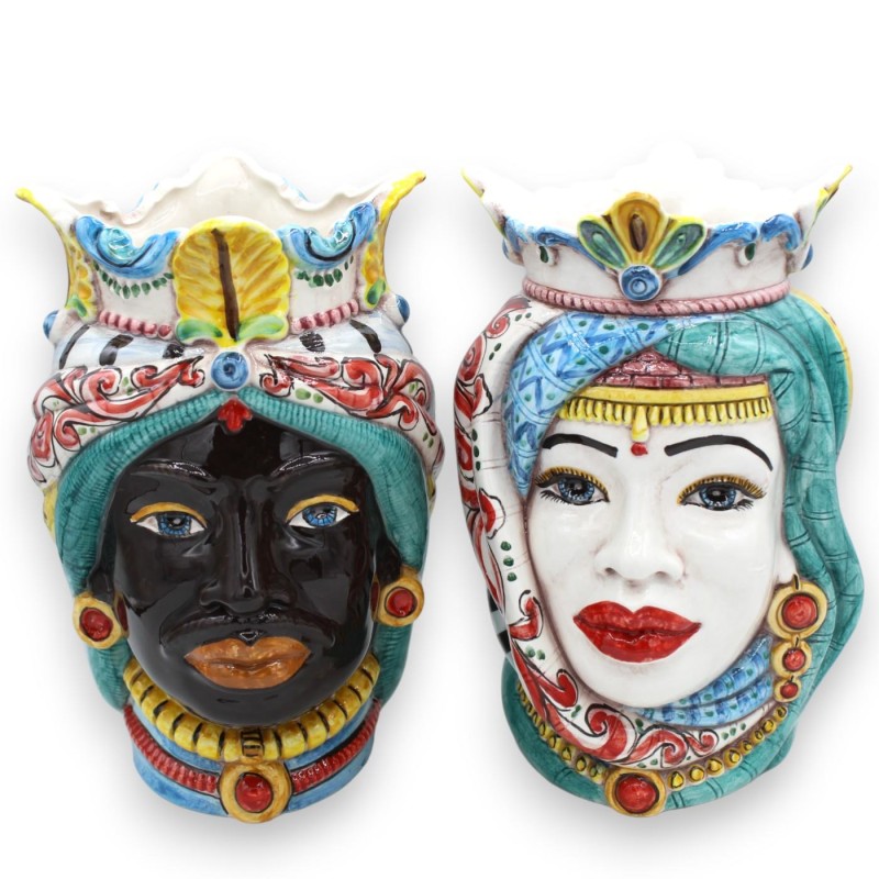 Sicilian Moor heads Crown and Turban (pair) h approx. 25 cm Caltagirone MD19 ceramic - 