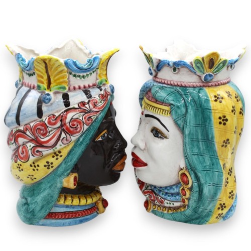 Têtes de maures siciliennes Couronne et Turban (paire) h env. Caltagirone MD19 céramique -  2