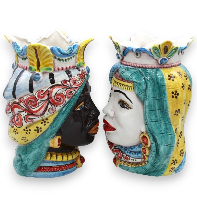 Teste di moro Siciliane Corona e Turbante (coppia) h 25 cm ca. ceramica Caltagirone MD19 - 