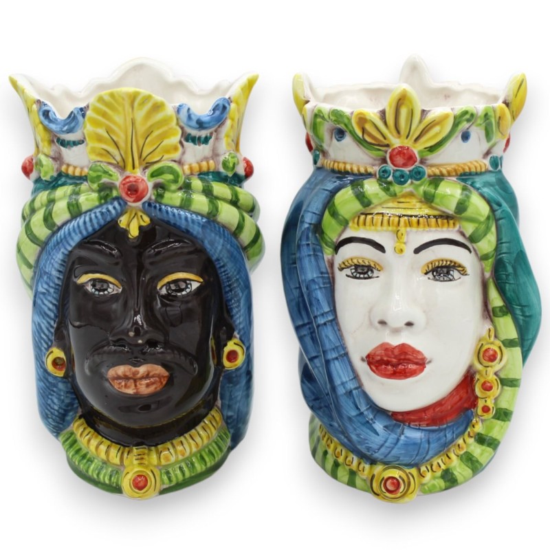 Sicilian Moor heads Crown and Turban (pair) h approx. 18 cm Caltagirone MD6 ceramic - 