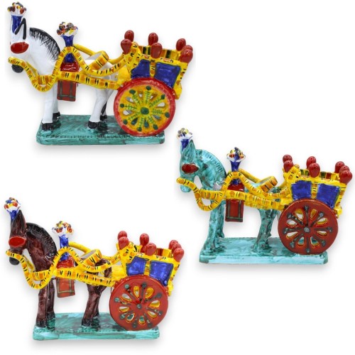 Carretto Siciliano con Cavallo, su base rettangolare, in pregiata ceramica Siciliana, varie misure e varie colori (1pz) 