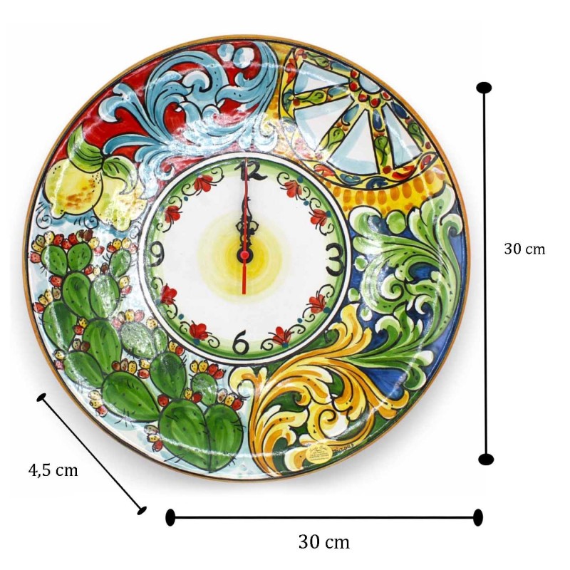 Orologio ceramica Caltagirone, Con Ingranaggio, decoro barocco, ruota di carretto e ficodindia, varie misure (1Unità) - 